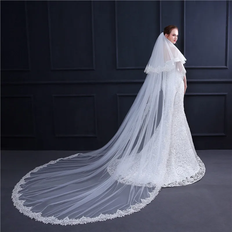 JaneVini Vintage Wit Twee Lagen Bruiloft Lange Sluier Kant Applicaties Edge Ivoor Kathedraal Bridal Veil met Kam Mantilha 3 Metros