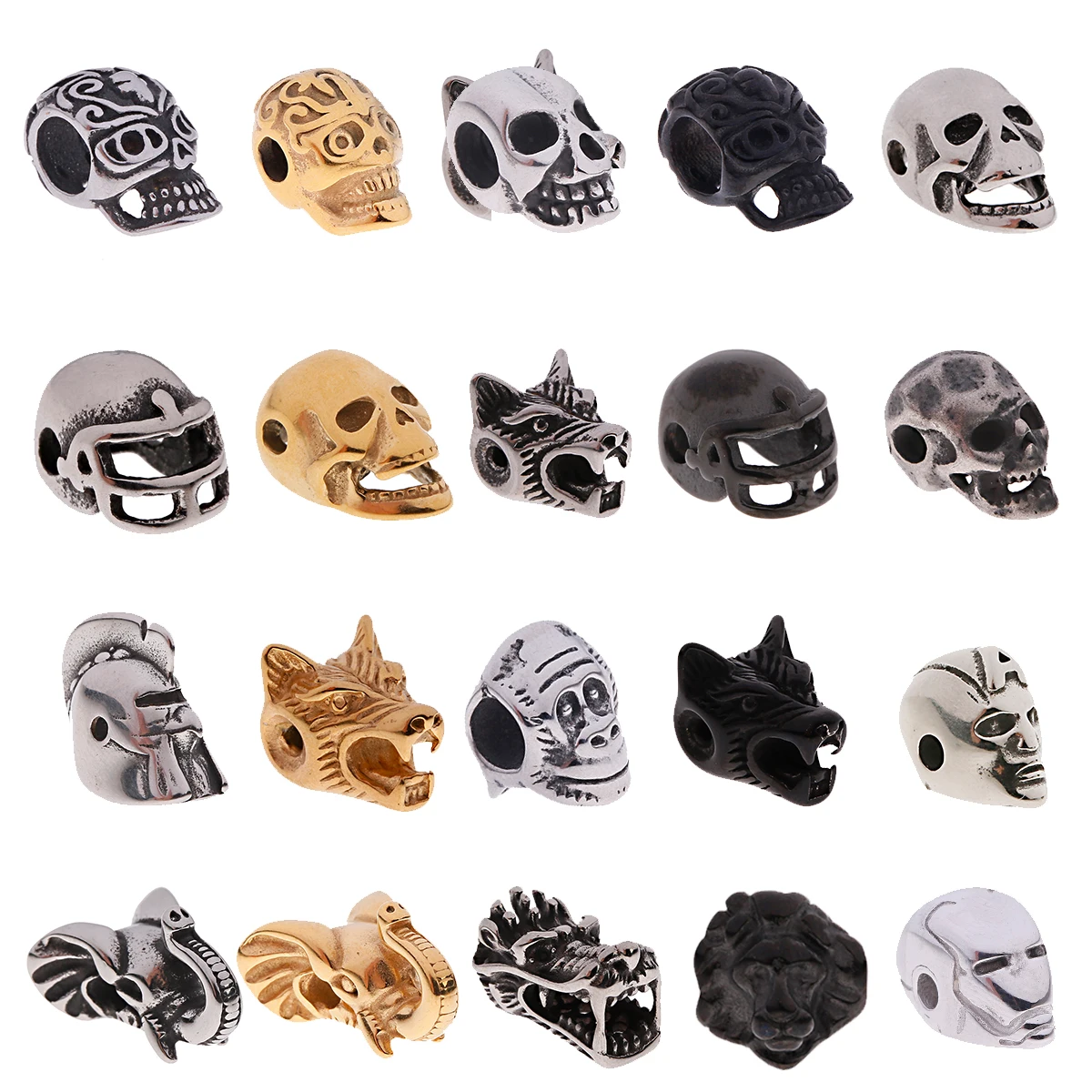 Gothic Stainless Steel Skull Lion Bead Dragon Jewelry Accessories Interval Silver Color Punk Large Hole Charm DIY Bracelet