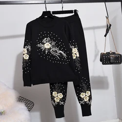 Autumn Fashion Sequins Flowers Knitted Tracksuits Set Women Loose Casual Black Knit Pullover Sweater Pencil Pants Outfits Female