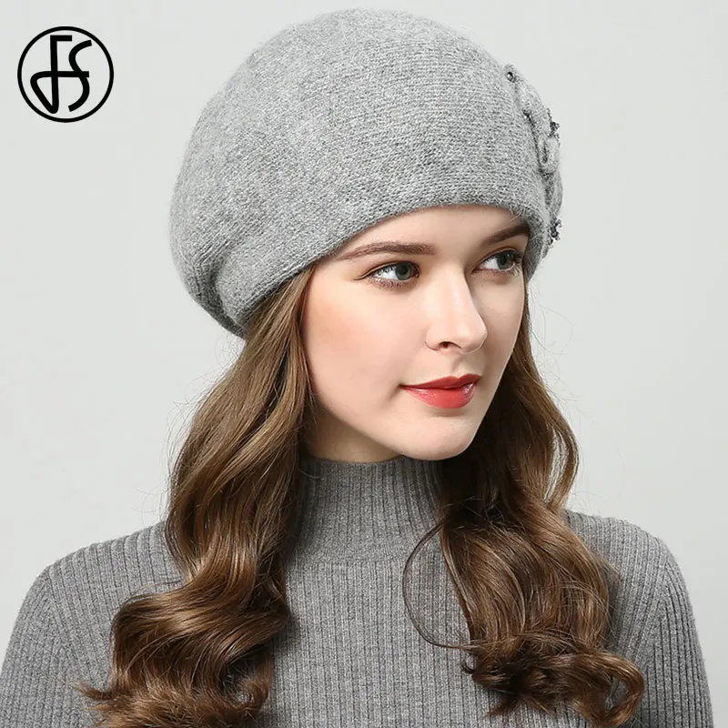 FS Winter Hats For Women Beanie Rabbit Fur 2023 Warm Knitted Hat Flower Double Layers Warm Beret Snow Caps Gorros Femme