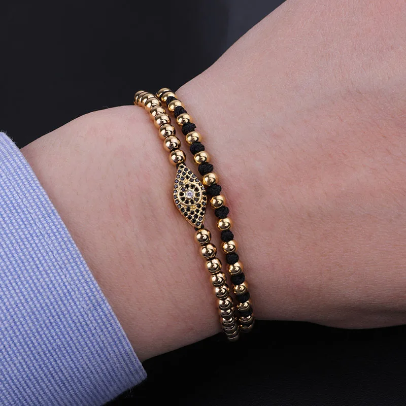 High Quality New Fashion Stainless Steel Beads CZ Pave Cute Eye Charm Braided Macrame Bracelet Women Men