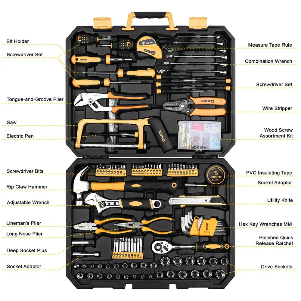 DEKO DKMT198 Socket Wrench Tool Set Auto Repair Mixed Tool Combination Package Hand Tool Kit with Plastic Toolbox Storage Case
