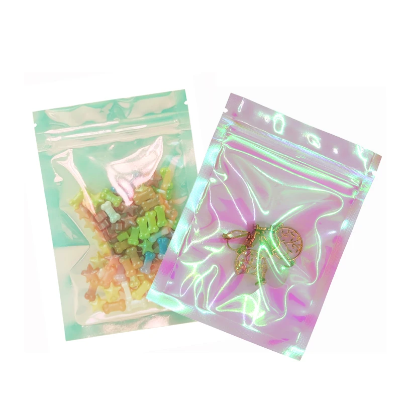 Resealable Pink Blue Clear Hologram Zipper Gift Party Packaging Bag Small Holographic Zip Lock Plastic Bags for Cosmetic Jewelry