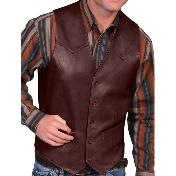 Men\'s Retro Punk Leather Vest V Neck Brown Solid Color Single Breasted Performance Costume Sleeveless Slim Fit For Casual Men