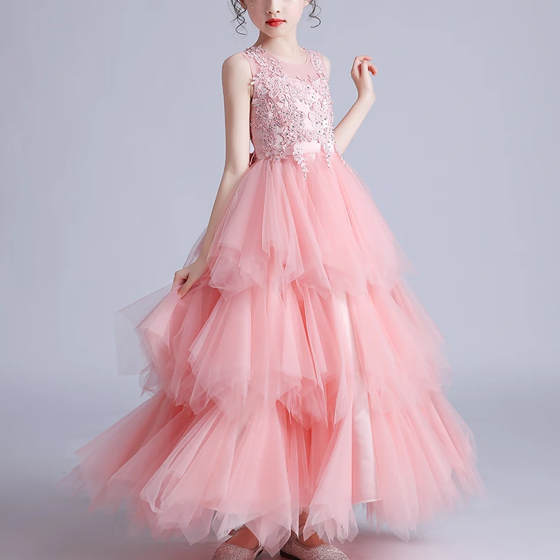 Kids Dresses For 4-15 Girls Wedding Party Frock Flower Gown Princess Evening Summer Dress Children\'s Layered Mesh Beads Dress