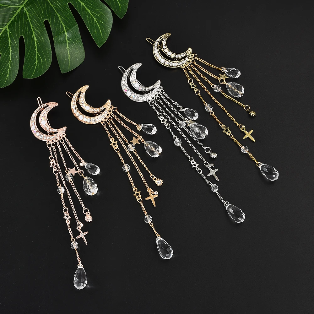 Fashion Elegant Women Hair Bands Lady Moon Rhinestone Crystal Tassel Long Chain Beads Dangle Hairpin Hair Clip Hair Jewelry