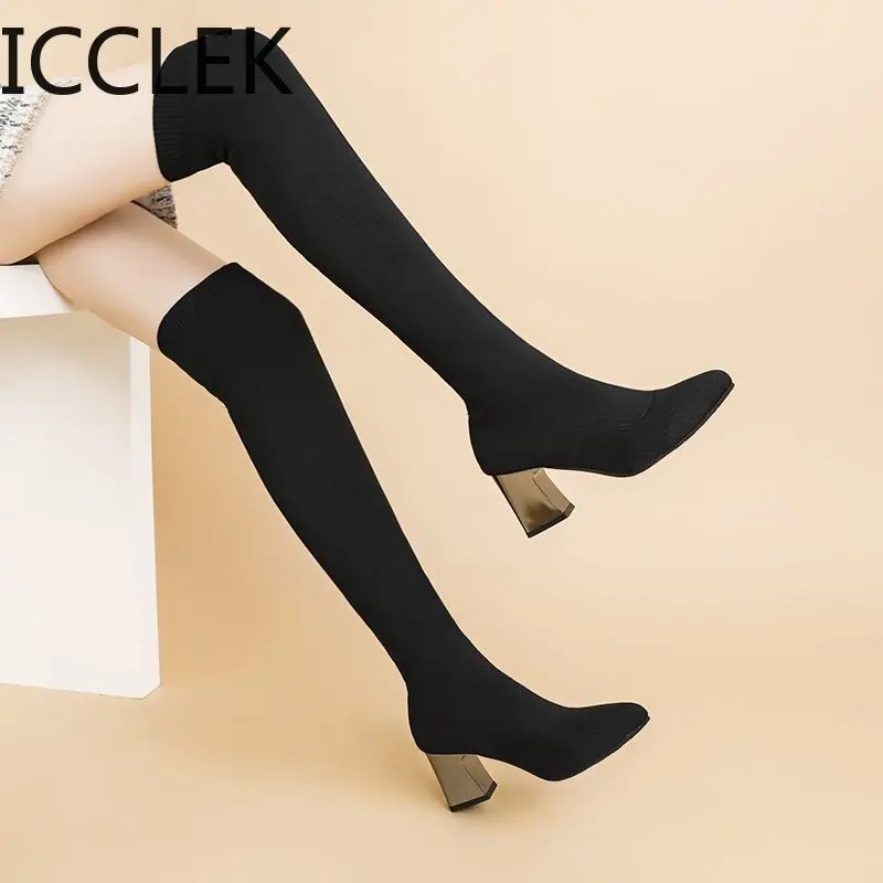 Women Boots High Heels Over The Knee Boot Knitting Socks Booties Stretch Fabric Thigh High Boots Woman Shoes High Heels Sexy