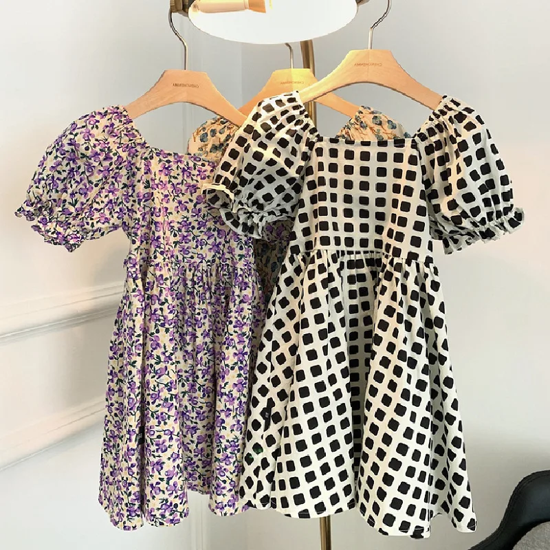Summer Girls Dress Small Floral Plaid Princess Dress 2021Small Fresh Short-Sleeved Baby Kids Clothes Children\'S Clothing