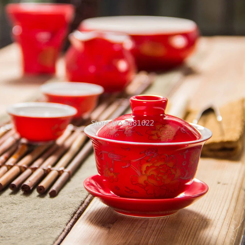 

80ML Red Teapot Ceramics Gai Wan Tea China Kungfu Tea Sets Tea Cups Pot Porcelain Wedding banquet Beautiful Kettle Gifts D007