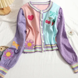 Autumn Sweet Puff Sleeve Embroidered Flower Sweater Bow Love Heart Cherry Strawberry Cardigans Short Contrast Jacket Knit Pull