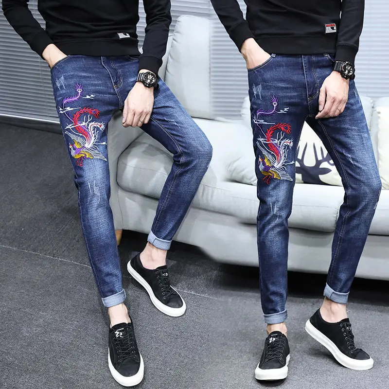 Stretch embroidered jeans men Korean fashion slim leggings black worn-out youth embroidered pants