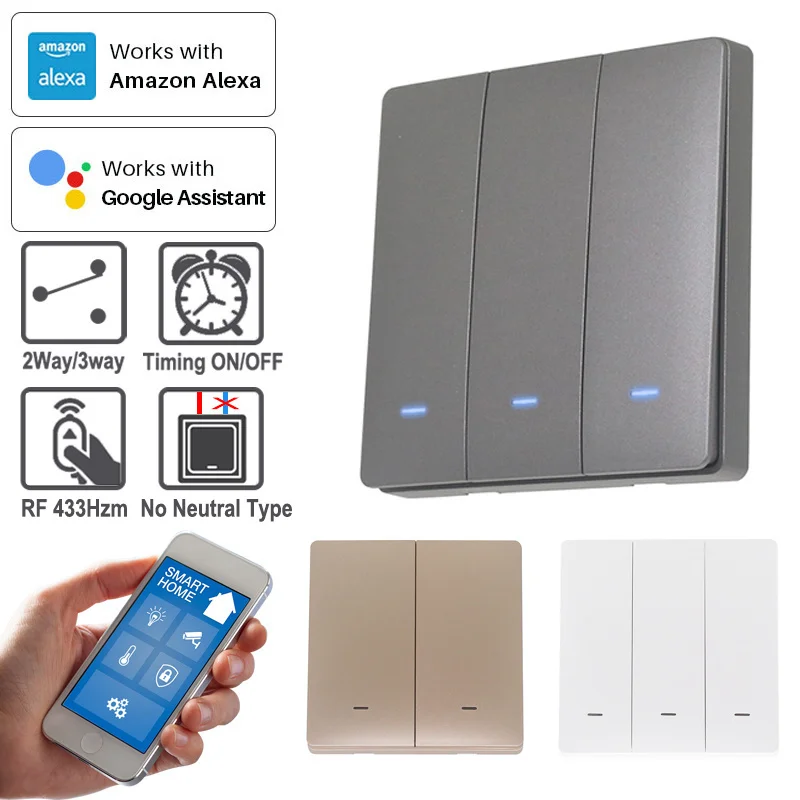 No neutral Universal WIFI +RF433 Button Light Wall Switch 3-Color Blue LED TUYA Smart Home 2Way/3Way Alexa Google Home Alice