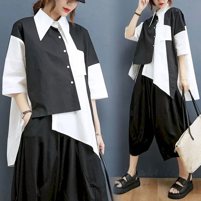 Womens Suit Loose Two-piece Suit Stitching Short-sleeved Shirt Buttoned Irregular Shirt Wide-leg Pants Fashion Suits 2024 Summer