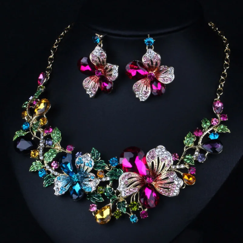 Zlxgirl jewelry Classice Fashion women\'s wedding jewelry sets colorful Enamel flower necklace with earring accessory