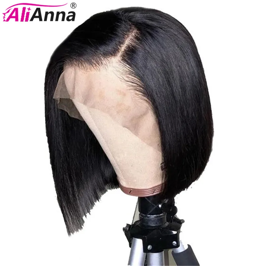 AliAnna-Peluca de cabello humano liso brasileño, postizo de encaje frontal transparente, corte Bob corto, Se puede teñir