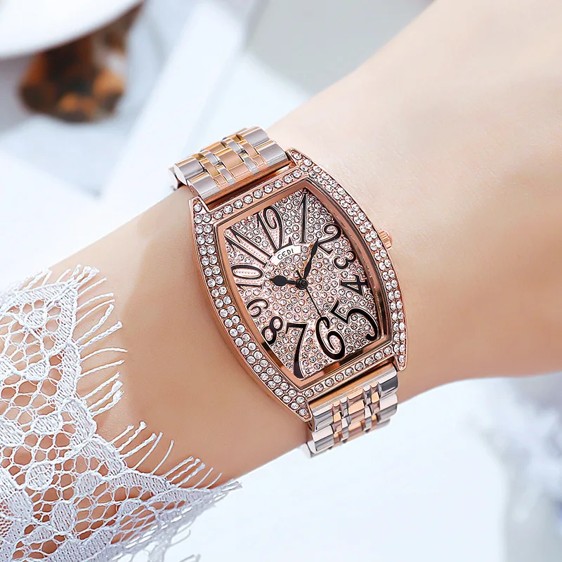 Luxury Retro Women Watches Rose Gold Unique Tonneau Dial Top Brand Dimond Stone Antique Watch for Ladies Big Number Waterproof