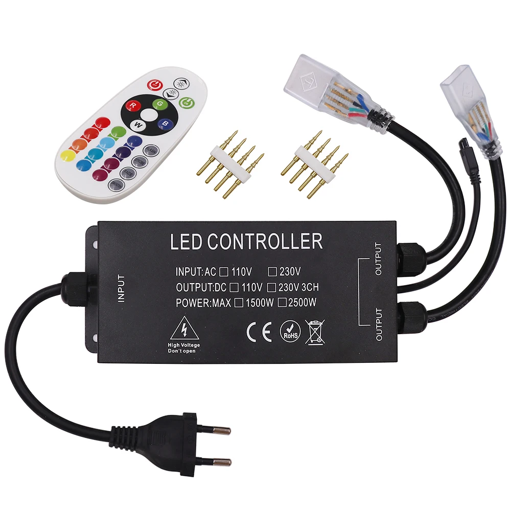 rgb controlador eua 110v 1500w ue au uk 220v 2500w rgb controlador com 24key ir remoto para 5050 2835 led tira luz de neon 10 mm 01