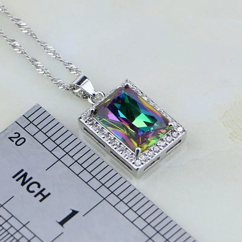 Square 925 Sterling Silver Chain Necklace Mystic Rainbow Zircon White CZ Slide Pendant For Women Wedding/Engagement/Party/Gifts