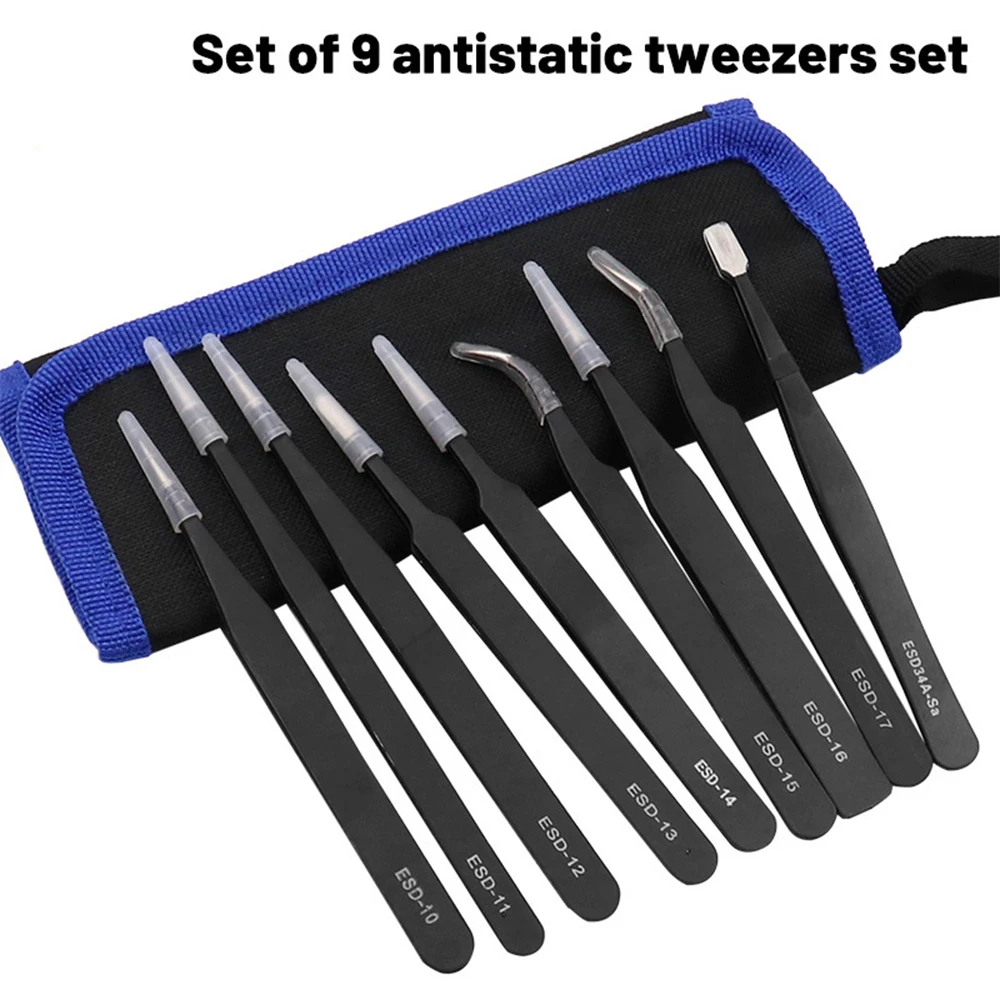 9 in 1 Stainless Steel Tweezers Kit Anti Static Precision Hand Tools Set for Electronics Mobile Phone Repair BGA Work Tool