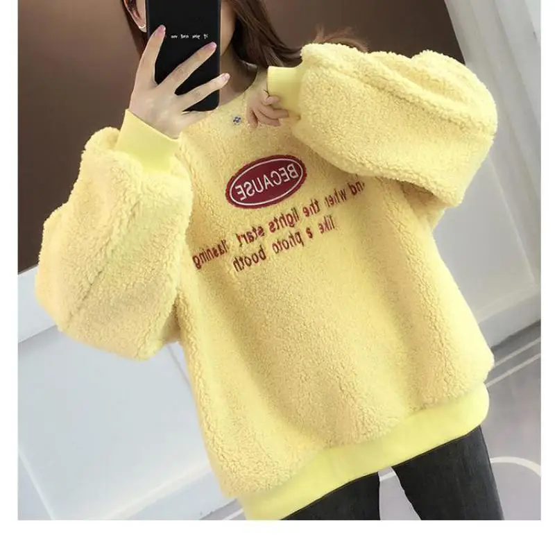 Inverno Coreano Mulheres Hoody Camisola Harajuku Bordado Letras Porque Vermelho O-pescoço Solto Mangas Compridas Moda Pullover Feminino