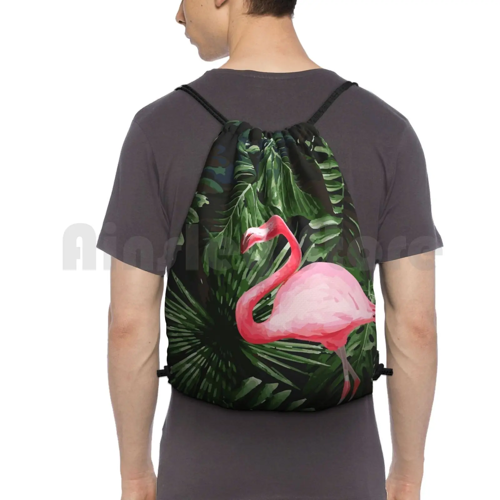 

Tropical Flamingo And Floral Palm Tree Leaves Green Black Backpack Drawstring Bags Gym Bag Waterproof Tropical Rain