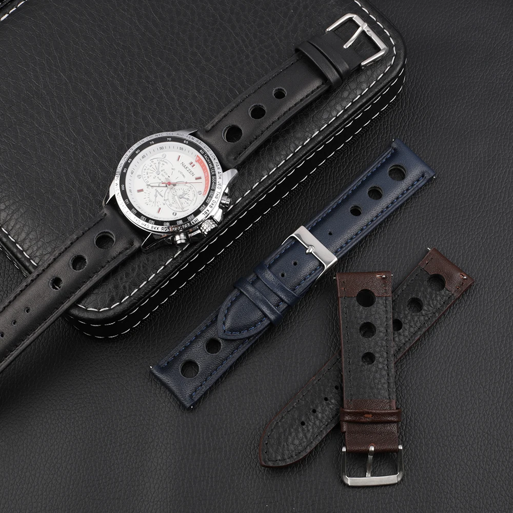 Genuine Leather Handmade Vintage Wrist Band Watch Strap Belt 18mm 20mm 22mm Men Watchband Hollow Breathable Black Watchstrap