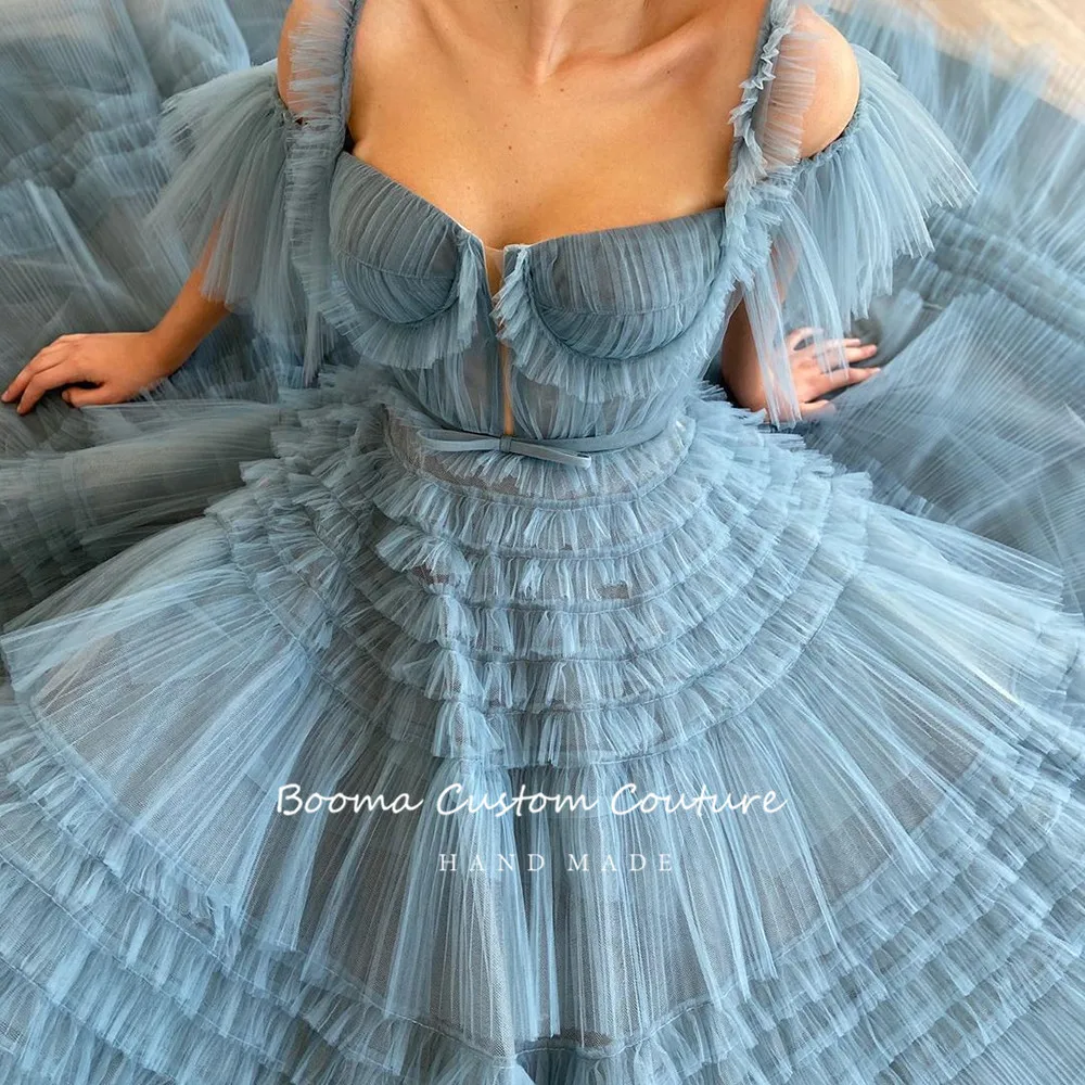 Booma Blue Long Prom Dresses Sweetheart Pleated Tulle Ruffles Evening Dresses Off Shoulder Tiered A-Line Formal Party Dresses