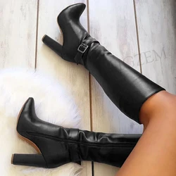BERZIMER Women Knee High Heels Boots Chunky Block Heels Side Zip Boots Tall Ladies Faux Leather Shoes Woman Large Size 45 46 52