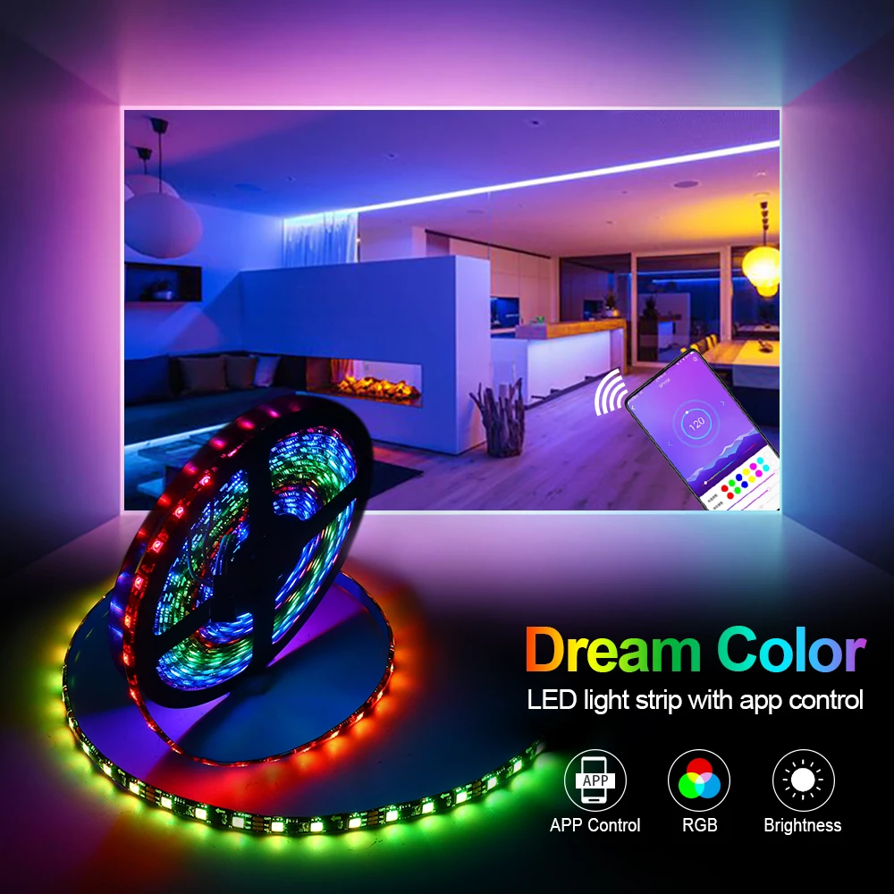 5m 10m WS2811 RGB LED Strip 5050 SMD Addressable 30/60LEDs/m SP110E Bluetooth APP Control 1 Ic Control 3 LEDs Pixel Strips Set