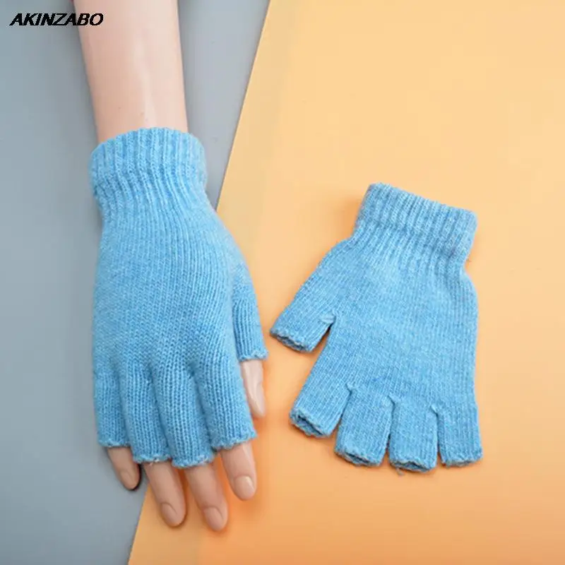 Writing Work Half Finger Thermal Gloves Knitted Solid Color Mittens Warmth Winter Gloves For Men Women Kniting Fingerless Gloves