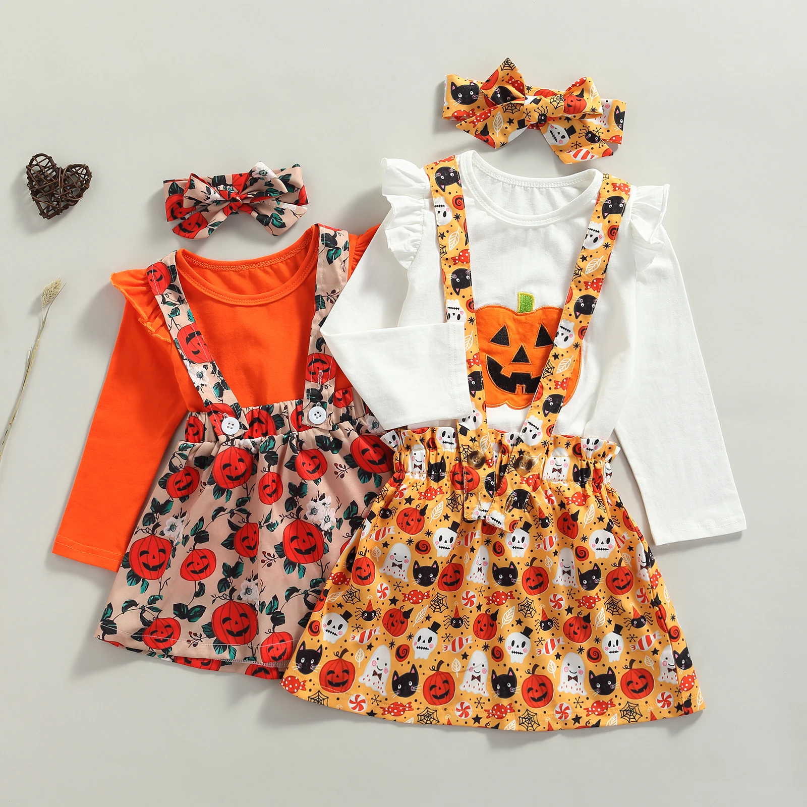 

1-6 Y Girls Halloween Clothes Three Piece Suit Casual Long Sleeve T-shirt and Pumpkin Print Suspender Skirt with Headband