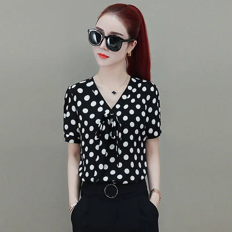 Korean V-Neck Chiffon Shirt, Polka Dot Print Base, Short Sleeve, Spring and Summer Clothes, New Clothes, B050, 2023