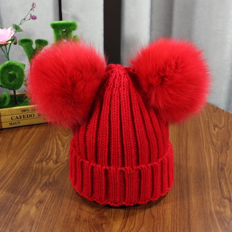 Winter Kids natural Two Fur Pompoms Hat Children cute Knitted Girls Boys Warm Cap Baby Beanies Knitted Warm Beanie Hats