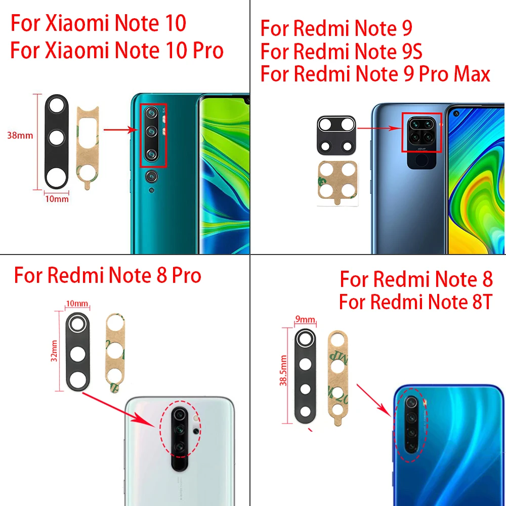 2 pezzi, obiettivo posteriore in vetro per fotocamera posteriore per Xiaomi Redmi Note 8 Pro 7 9 9S 10 11 11s Pro 10s 8T 9A 9C Mi Note 10 10T Pro con adesivo