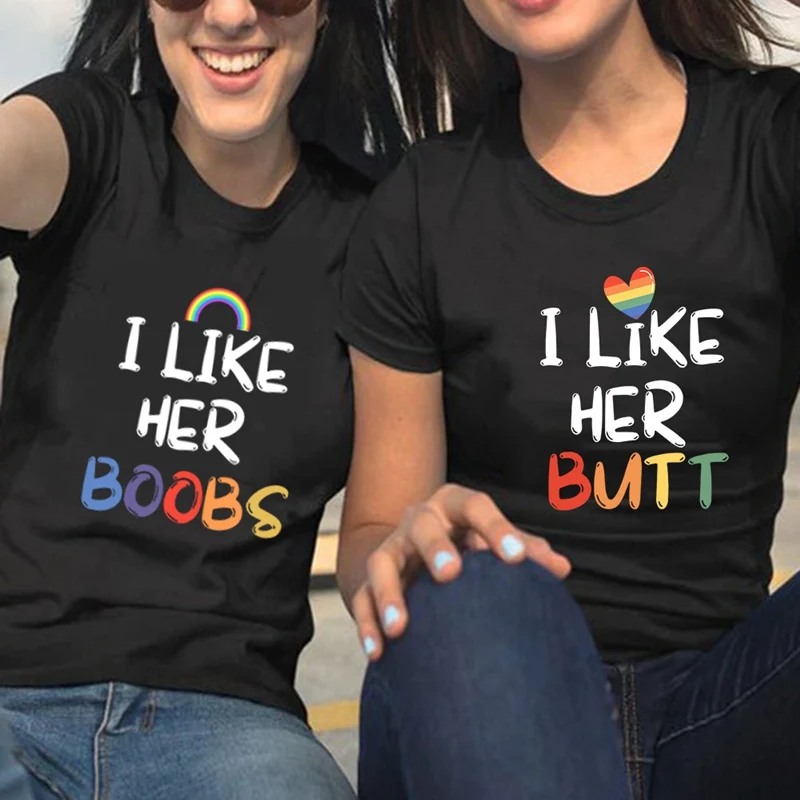 Pride Lesbian Matching Couples Compliment T-Shirt I Like Her Boobs & I Like Her Butt Funny Graphic Tee Women