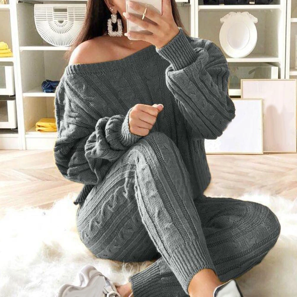 Winter Knitted Two Piece Set Women Long Sleeve Off Shoulder Casual Sweater Jumpsuits Stripe Elastic Overalls Streetwear