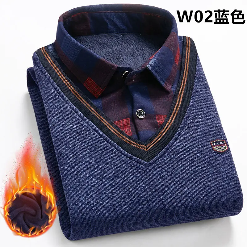 2024 New Autumn/Winter Men\'s Wool Shirt-Neck Sweater Fashionable Plaid Solid Thickened Warm Fleece High Quality Versatile Casual