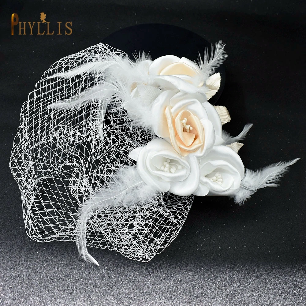 JM01 White Flower Feather Bridal Net Birdcage Veil Charming Wedding Veil Fascinators Hats Bride Wedding White Headpiece Headwear