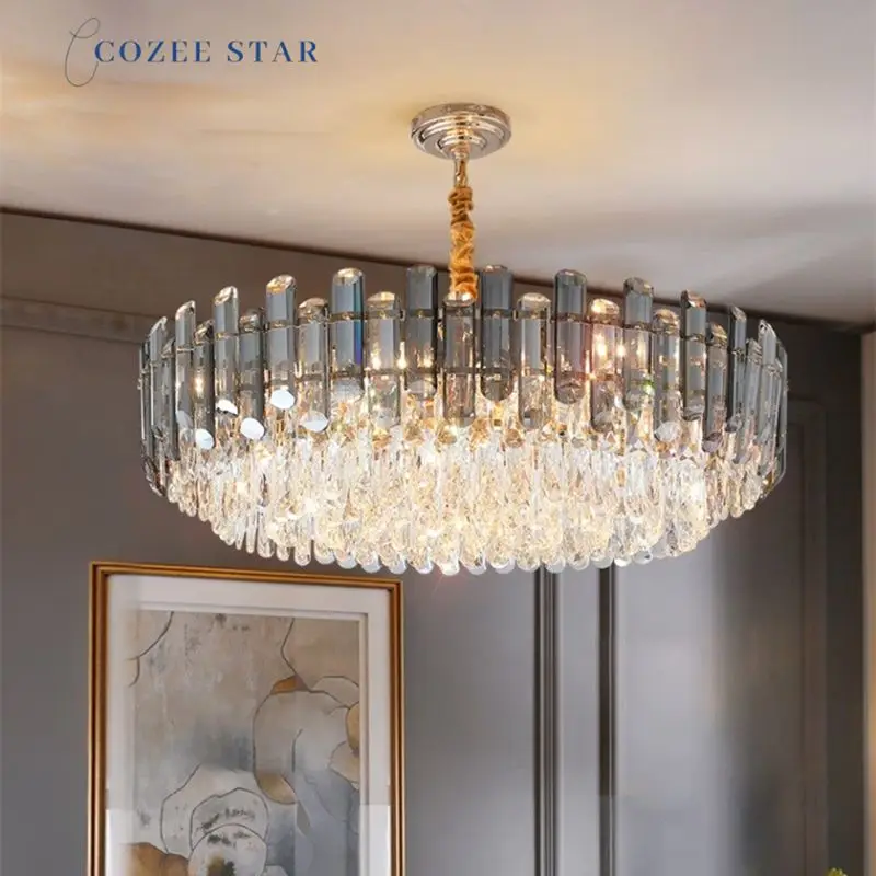 

Luxury LED Chandeliers Lighting Postmodern Clear Smoky Crystal Metal Round Lights Fixture Bedroom Living Room Lamps Lustre