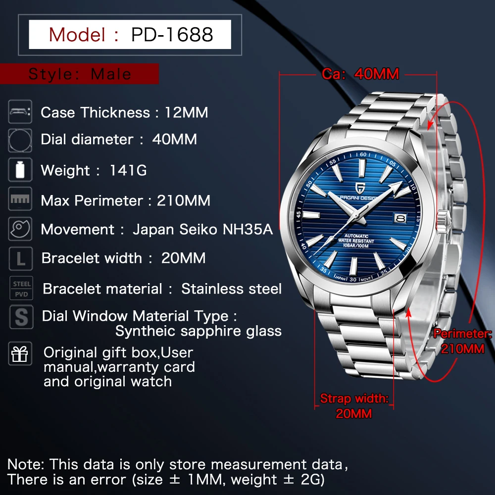 PAGANI DESIGN Japan NH35 Men Mechanical Wristwatches New Sapphire Glass Automatic Watch Waterproof 100M Stainless Watch for Men