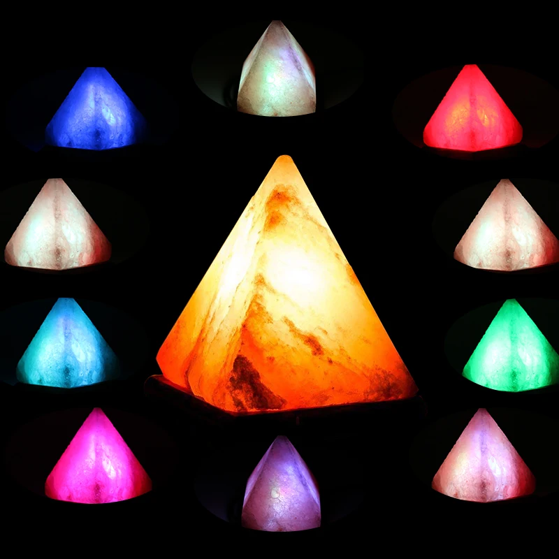 Triangle USB Salt Lamp Hand Carved Purifier Night Light Wooden Base Himalayan Colorful Natural Crystal Rock Lamp Light