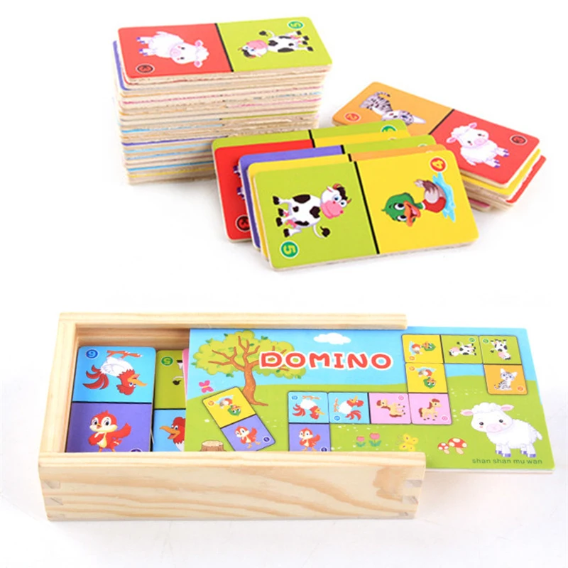 Montessori Kayu Domino Blok Bangunan Set Mainan Pendidikan Awal Anak-anak Kognitif Hewan Solitaire Domino Teka-teki Mainan Anak-anak