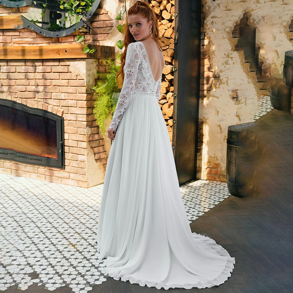 Robe de mariée à manches longues style Boho, tenue d'extérieur, col en V, traîne à balayage, sur mesure, en mousseline de soie et dentelle, dos nu