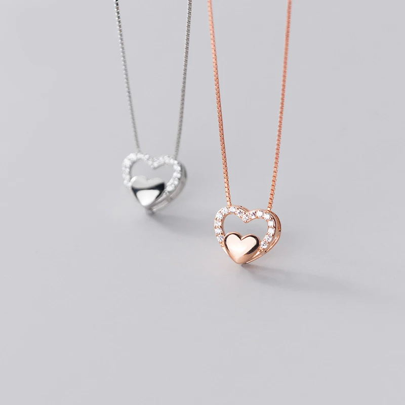 Joyería de plata 925 pura para mujer, colgante romántico de diamantes de imitación, Collares de corazón de amor para hermana, Collares de boda, cadena de caja S925