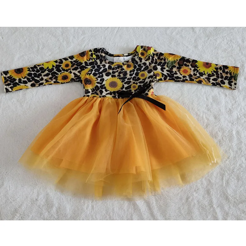 Hot Sale Toddler Leopard Dress Baby Girl Fashion Orange Sunflower Gauze Dress Children Wholesale Infant Boutique Clothes