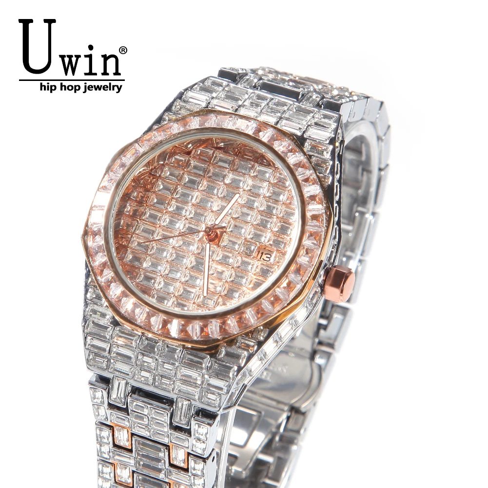 Uwin Baguette Stone Watches Square Zircon Full Iced Out Big Dial Watches Pink Black Stainless Steel Luxury Rhinestones Quartz