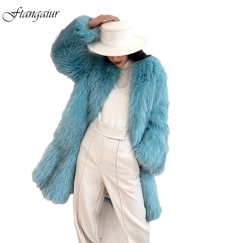 

Ftangaiur New Winter Import Fox Fur Coat Women Full Sleeve Weave V-Neck Loss Soft Fox Coats Medium Natural Real Fox Fur Coats