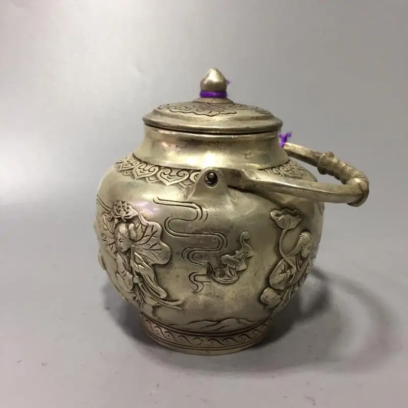 Qianlong dynasty China White copper long mouth two Immortals teapot crafts statue kettle Cupronickel tea pot desktop decoration