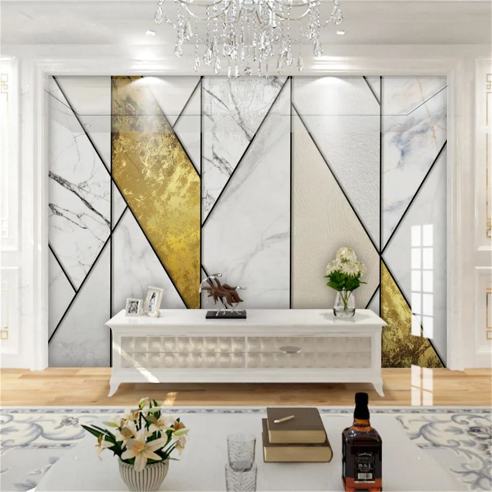 

Custom Mural Wallpaper Minimalism Geometric Golden Line Marble TV Background Wall Painting