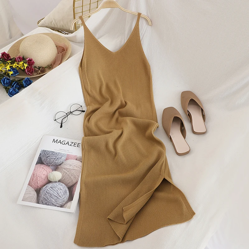 Fashion Knitted Women Dresses Elegant Solid Colid Korean Split Out Sleeveless V-Neck Party Female Dress Vestidos